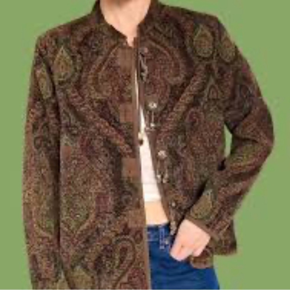 Vintage Flashback Paisley Tapestry Jacket Womens M Brown Wooden Buttons Artsy